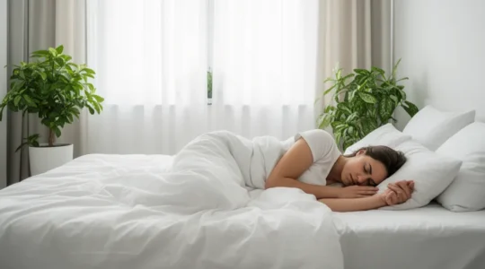 Personne dormant en position latérale dans une chambre moderne avec literie blanche