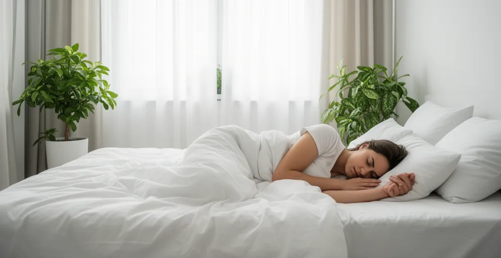 Personne dormant en position latérale dans une chambre moderne avec literie blanche