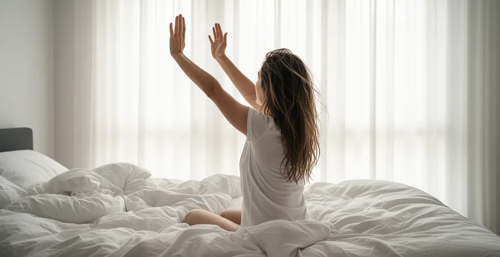 Femme adulte s'étirant au réveil, expression détendue